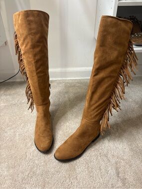 Fringe Over-the-Knee Suede Boots in Cognac